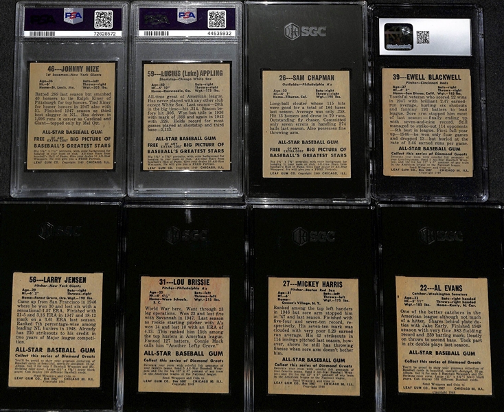 (8) Graded 1948-49 Leaf Baseball Cards w. Johnny Mize (HOF) PSA 3 & Lucius Appling (HOF) PSA 4